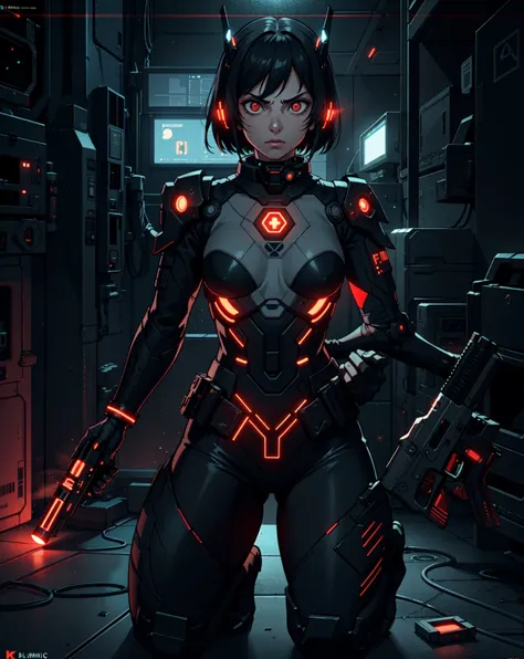 (grainy:0.5), cinematic,girl,adult, space, serious, detailed futuristic clothes, lights in clothes, (aiming gun:1.1), hiding, kneeling, volumetric lighting, isolation, horror, perfect anatomy, hyperrealistic, dark lighting, red bioluminescent details