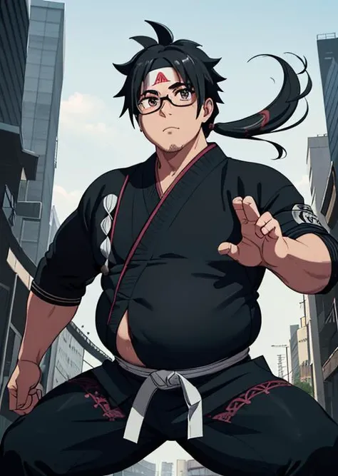 (1 man) ,fat male weeb, small Sasuke cosplay from Naruto, black outfit, edgy, cocky expression, rat tail hair, small square glasses, obese belly, (awkward karate stance:1.3), wielding a shuriken, (8k, best quality, masterpiece:1.2), (intricate details:1.4), digital fantasy art, complex 3D render ultra detailed, vibrant details, ultra detailed, realistic skin texture, detailed face, sharp focus on awkward karate stance and shuriken, extremely detailed CG unity 8k wallpaper, (perfect anatomy), (big belly:1.3), urban setting, 8k, RAW photo, best quality.