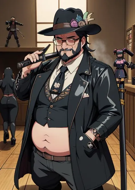 1 Man, ratty nerd, fat neck beard nerd, black leather trench coat, fedora, (smelly appearance:1.3), wielding a katana, (anime figures in background:1.4), (8k, best quality, masterpiece:1.2), (intricate details:1.4), anime art, complex 3D render ultra detailed, dim room light, vibrant details, ultra detailed, detailed face, sharp focus on katana and anime figures, extremely detailed 8k wallpaper, (perfect anatomy), (big belly:1.3), indoor setting, messy room with waifu body pillow in background, 8k, RAW photo, best quality.