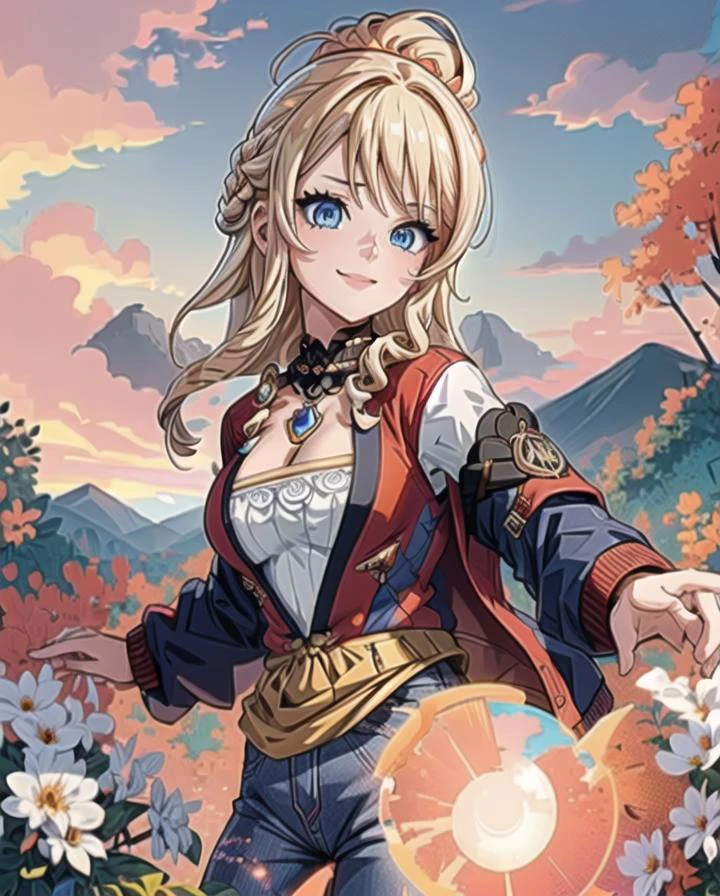 1girl, navia, solo, (smile:1.5), side braids, detailed eyes, symmetry eyes,(blue eyes:1.5), long hair,( blonde hair:1.4),( medium breasts:1.3), beautiful , sexy, charming, alluring, seductive, erotic, (score_9, score_8, score_7, red jacket, white shirt, long sleeves, cleavage, jewelry, transparent pants, blue harem pants, :1.5), (outdoors, cloud, cloudy_sky, evening, flower, gradient_sky, horizon, mountain, orange_sky,red_sky, scenery, sky, sunset, tree, twilight :1.5),(detailed background:1.5) ,light particles, light rays, sidelighting, moody lighting, dynamic angle,masterpiece+, best quality+, 8k quality, beautiful lighting, real life, intricate, high detail, sharp focus, dramatic,(RAW photo, 8k uhd, film grain), <lora:navia:1>, badhandv4, ng_deepnegative_v1_75t, <lora:add_detail:1>,<lyco:GoodHands-beta2:0.8>, <lyco:T-shirt-08:0.7>,tshirt design,