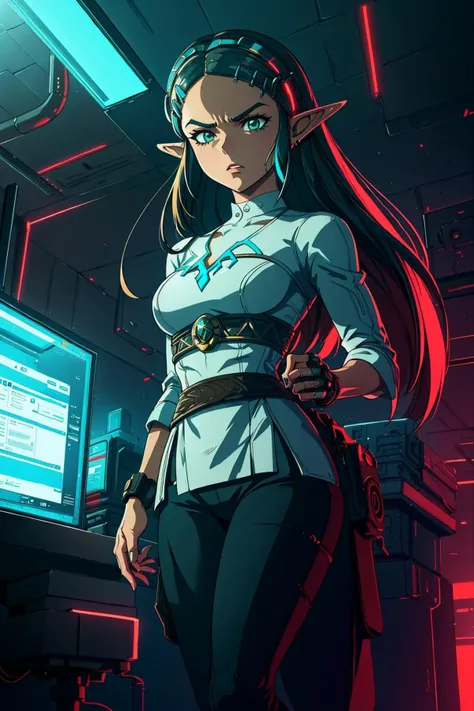 at a corporate enclave, corporate headquarters, sleek office complexes, executive boardrooms, high-security facilities, corporate espionage, pricess zelda, nintendo, the legend of zelda, botw, black pants, white dress, dress, <lora:zelda_botw_v1:0.7>, looking down, detailed background, detailed face, (<lora:CyberPunkAI:0.6>, neon, CyberpunkAI), cyberware, intense expression, dynamic pose, colorful, mosaic, cinematic atmosphere, sfw, <lora:add_detail:0.3>