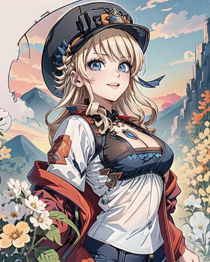 1girl, navia, solo, (smile:1.5), side braids, detailed eyes, symmetry eyes,(blue eyes:1.5), long hair,( blonde hair:1.4),( medium breasts:1.3), beautiful , sexy, charming, alluring, seductive, erotic, (score_9, score_8, score_7, red jacket, white shirt, long sleeves, cleavage, jewelry, transparent pants, blue harem pants, :1.5), (outdoors, cloud, cloudy_sky, evening, flower, gradient_sky, horizon, mountain, orange_sky,red_sky, scenery, sky, sunset, tree, twilight :1.5),(detailed background:1.5) ,light particles, light rays, sidelighting, moody lighting, dynamic angle,masterpiece+, best quality+, 8k quality, beautiful lighting, real life, intricate, high detail, sharp focus, dramatic,(RAW photo, 8k uhd, film grain), <lora:navia:1>, badhandv4, ng_deepnegative_v1_75t, <lora:add_detail:1>,<lyco:GoodHands-beta2:0.8>, <lyco:T-shirt-08:0.7>,tshirt design,