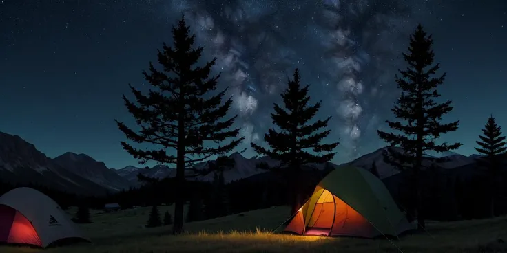 night, night time, dark, outdoors, night, scenery, no humans, sky, grass, star (sky), night sky, outdoors, starry sky, tree, tent, mountain, house