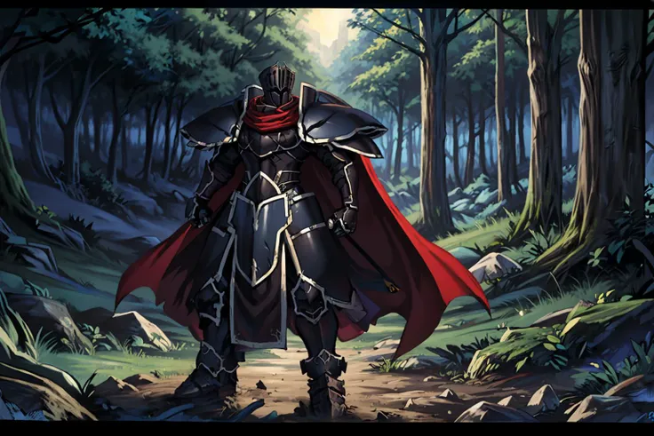 masterpiece, best quality, BlackKnight_fe, armor, cape, helmet, standing, whole body, night, forest, chiaroscuro <lora:BlackKnight:0.9> <lora:FE910 BG Style:0.8>