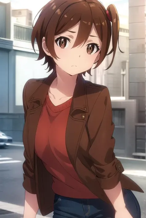 shinokuribayashi, <lora:shino kuribayashi s1s2-lora-nochekaiser:1>,
shino kuribayashi, short hair, brown hair, (brown eyes:1.7), side ponytail,
BREAK skirt, jacket, miniskirt, pencil skirt, denim skirt, sweater, (red sweater:1.2), brown jacket, collarbone,
BREAK outdoors, city,
BREAK looking at viewer, (cowboy shot:1.5),
BREAK <lyco:GoodHands-beta2:1>, (masterpiece:1.2), best quality, high resolution, unity 8k wallpaper, (illustration:0.8), (beautiful detailed eyes:1.6), extremely detailed face, perfect lighting, extremely detailed CG, (perfect hands, perfect anatomy),