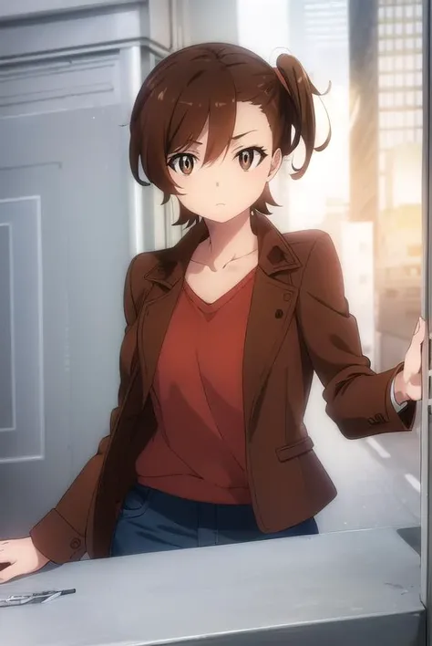 shinokuribayashi, <lora:shino kuribayashi s1s2-lora-nochekaiser:1>,
shino kuribayashi, short hair, brown hair, (brown eyes:1.7), side ponytail,
BREAK skirt, jacket, miniskirt, pencil skirt, denim skirt, sweater, (red sweater:1.2), brown jacket, collarbone,
BREAK outdoors, city,
BREAK looking at viewer, (cowboy shot:1.5),
BREAK <lyco:GoodHands-beta2:1>, (masterpiece:1.2), best quality, high resolution, unity 8k wallpaper, (illustration:0.8), (beautiful detailed eyes:1.6), extremely detailed face, perfect lighting, extremely detailed CG, (perfect hands, perfect anatomy),