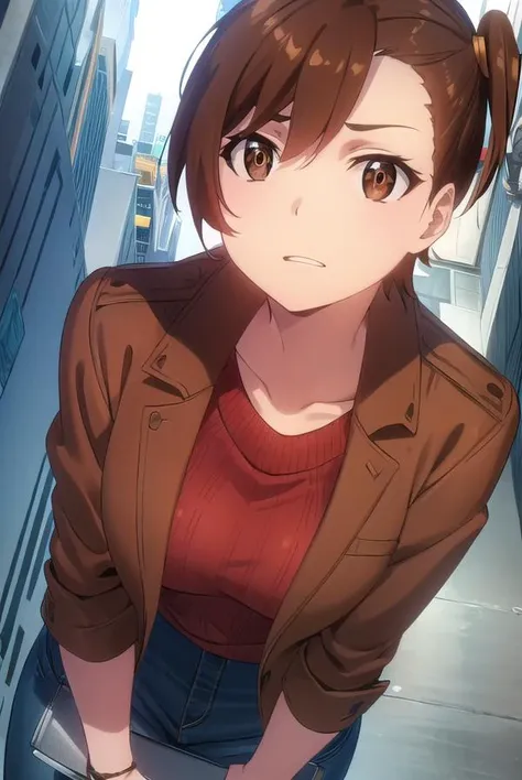 shinokuribayashi, <lora:shino kuribayashi s1s2-lora-nochekaiser:1>,
shino kuribayashi, short hair, brown hair, (brown eyes:1.7), side ponytail,
BREAK skirt, jacket, miniskirt, pencil skirt, denim skirt, sweater, (red sweater:1.2), brown jacket, collarbone,
BREAK outdoors, city,
BREAK looking at viewer, (cowboy shot:1.5),
BREAK <lyco:GoodHands-beta2:1>, (masterpiece:1.2), best quality, high resolution, unity 8k wallpaper, (illustration:0.8), (beautiful detailed eyes:1.6), extremely detailed face, perfect lighting, extremely detailed CG, (perfect hands, perfect anatomy),