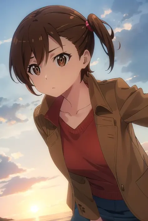 shinokuribayashi, <lora:shino kuribayashi s1s2-lora-nochekaiser:1>,
shino kuribayashi, short hair, brown hair, (brown eyes:1.7), side ponytail,
BREAK skirt, jacket, miniskirt, pencil skirt, denim skirt, sweater, (red sweater:1.2), brown jacket, collarbone,
BREAK outdoors, city,
BREAK looking at viewer, (cowboy shot:1.5),
BREAK <lyco:GoodHands-beta2:1>, (masterpiece:1.2), best quality, high resolution, unity 8k wallpaper, (illustration:0.8), (beautiful detailed eyes:1.6), extremely detailed face, perfect lighting, extremely detailed CG, (perfect hands, perfect anatomy),