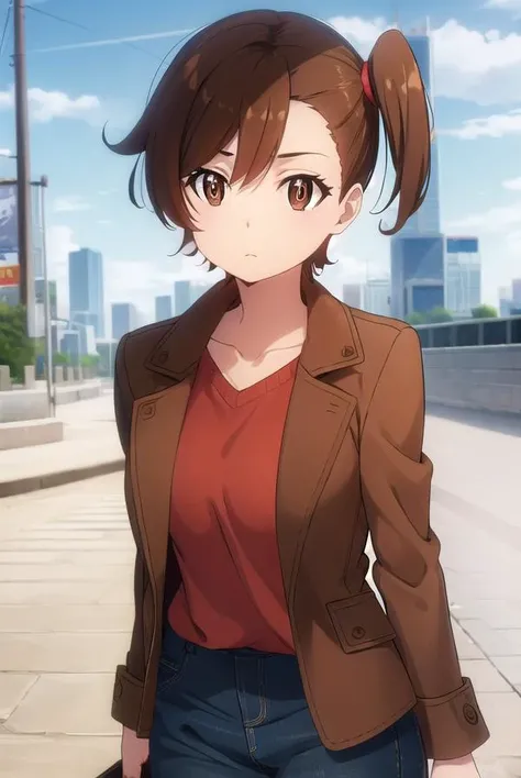 shinokuribayashi, <lora:shino kuribayashi s1s2-lora-nochekaiser:1>,
shino kuribayashi, short hair, brown hair, (brown eyes:1.7), side ponytail,
BREAK skirt, jacket, miniskirt, pencil skirt, denim skirt, sweater, (red sweater:1.2), brown jacket, collarbone,
BREAK outdoors, city,
BREAK looking at viewer, (cowboy shot:1.5),
BREAK <lyco:GoodHands-beta2:1>, (masterpiece:1.2), best quality, high resolution, unity 8k wallpaper, (illustration:0.8), (beautiful detailed eyes:1.6), extremely detailed face, perfect lighting, extremely detailed CG, (perfect hands, perfect anatomy),