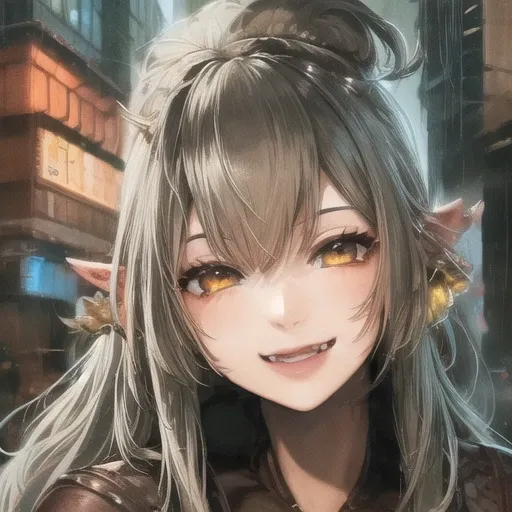 masterpiece, anime portait of a woman, orc, (tusks:1.3), 1girl, close up, smilining, action pose, sci-fi complex clothes, cyberpunk, cyberpunk warehouse, rain, looking into the camera, hair flying, (anime), (illustration), cartoon, detailed