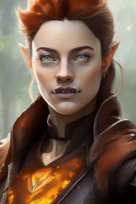 realistic (woman:1.2), ranger female, (amber eyes:1.4), looking into the camera, (complex leather armor:1.3), screaming, wielding a sword, beautiful detailed eyes, drawn by Greg Rutkowski, ginger hair, Arcane Style, Borderlands style, Telltale Games style, Oil painting, Simple colors, low detail, Vivid colors, Defined lines, defined edges, Digital art, Cartoon look, Cartoon style, Sharp shadows, Dark