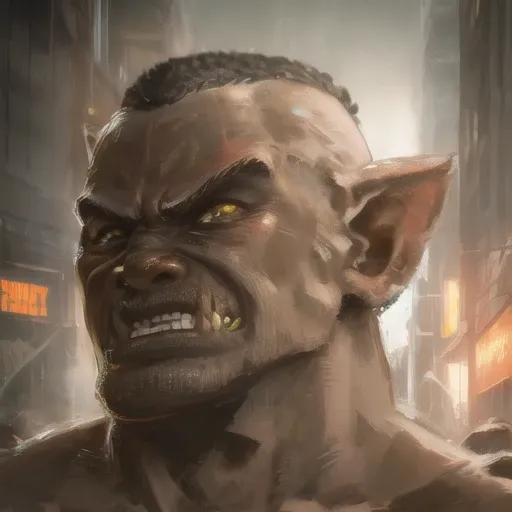 masterpiece, anime portait of a man, orc, (tusks:1.3), 1girl, close up, angry, action pose, sci-fi punk clothes, cyberpunk, cyberpunk warehouse, night scene, looking into the camera, hair flying, (anime), (illustration), cartoon, detailed