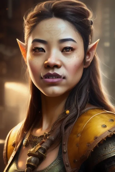 realistic (girl:1.4), orc, (tusks:1.3), rogue thief (asian:1.4) girl, (tan skin:1.2), (yellow eyes:1.5), (complex light leather armor:1.4), smirk, (nose blush), beautiful detailed eyes, drawn by Greg Rutkowski, Yoji Shinkawa:0.6, ginger hair, epic realistic, faded, ((neutral colors)), art, (hdr:1.5), (muted colors:1.2), pastel, hyperdetailed, (artstation:1.5), warm lights, dramatic light, (intricate details:1.2), vignette, complex background, rutkowski