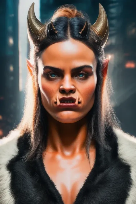 photo of a realistic woman, orc, massive, (tusks:1.2), (demonic horns:1.5), super wide shoulders, walking, muscular, bulging muscles, broad shoulders, blue eyes, dark blonde hair, long unkempt hair, cyberpunk, (black leather pants:1.2), (white t-shirt:1.3), (black leather coat:1.5), RAW photo, (high detailed skin:1.2), 8k uhd, dslr, soft lighting, high quality, film grain, Fujifilm XT3