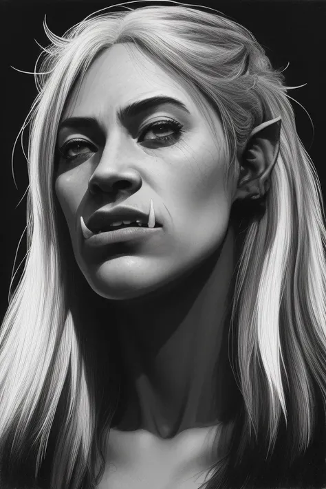 woman, tusks, orc, close up, walking, blue eyes, dark blonde hair, long unkempt hair, Sketch, Manga Sketch, Pencil drawing, Black and White, Manga, Manga style, Low detail, Line art, vector art, Monochromatic, by katsuhiro otomo and masamune shirow and studio ghilibi and yukito kishiro