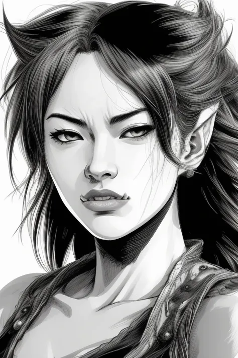 woman, close up, angry, dark hair,, Sketch, Manga Sketch, Pencil drawing, Black and White, Manga, Manga style, Low detail, Line art, vector art, Monochromatic, by katsuhiro otomo and masamune shirow and studio ghilibi and yukito kishiro