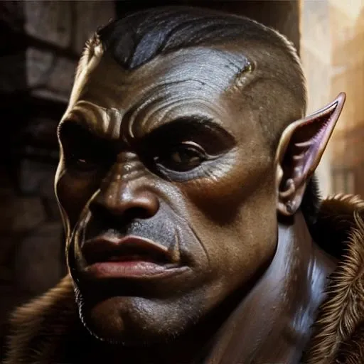 A close up portrait of a male orc adventurer from the roman republic era, fantasy, low magic, high definition, hyper realistic, single character avatar, focused, face shot, centred, 16k, hyper detail, hyper refined details, cinematic lighting, vivid, clean lines, clean, clear, <lora:Shadorc4:1>