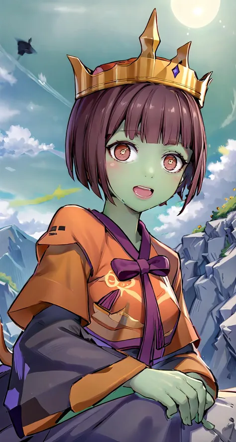 (masterpiece),(intricate details),1girl,young girl,laughing,large breasts:1.3,
BREAK
<lora:anak_zahard:1>,anak zahard, green skin, korean clothes, bob cut, crown, solo, potrait, sitting on rock, rock, mountain
BREAK
day,sun,rainbow,((cumulonimbus)),from below:1.4, ((upper body))