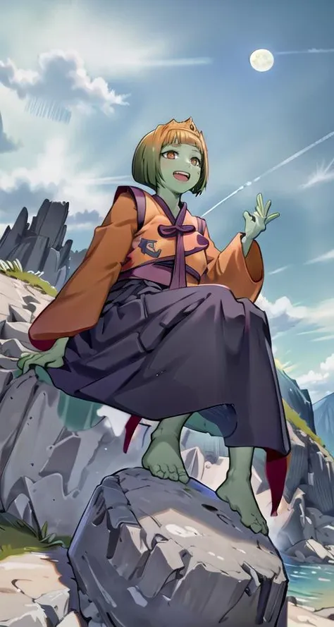 (masterpiece),(intricate details),1girl,young girl,laughing,large breasts:1.3,
BREAK
<lora:anak_zahard:1>,anak zahard, green skin, korean clothes, bob cut, crown, solo, potrait, sitting on rock, rock, mountain
BREAK
moon,night,meteor,((cumulonimbus)),from below:1.2, ((full body))