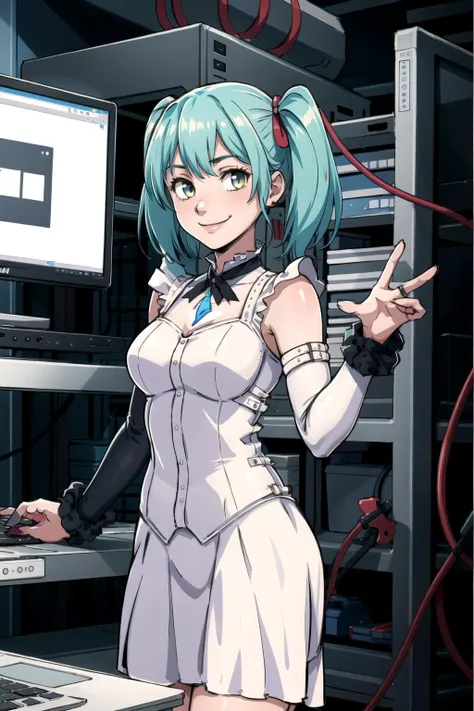 1girl,tabithaaw,standing,smile,in dark computer server room, <lora:TabithaAW:0.7>