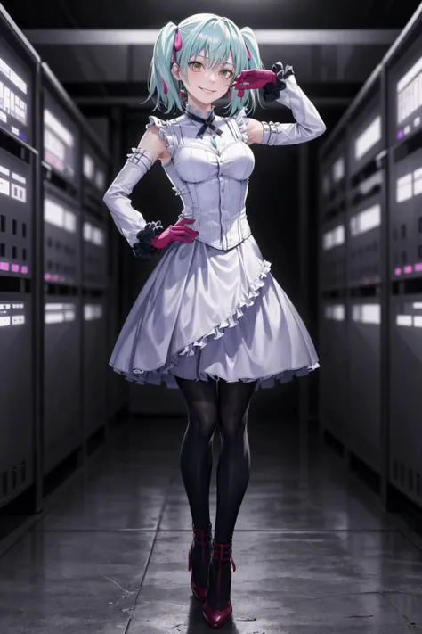1girl,tabithaaw,standing,evil smile,in dark computer server room,hair ribbon,gloves,frills,detached sleeves,sleeveless dress,skirt,pantyhose,full body,(masterpiece,best quality:1.2), <lora:TabithaAW:0.7>