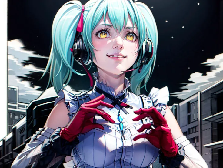 ligne claire,1girl,tabithaaw,standing,evil smile,tank cupola,twintails,aqua hair,headset,microphone,yellow eyes,ribbon,hair ribbon,gloves,frills,detached sleeves,sleeveless dress,(cloudy sky,dark sky:1.3),outdoors,upper body,(masterpiece,best quality:1.2),holding binoculars, <lora:TabithaAW:0.85>