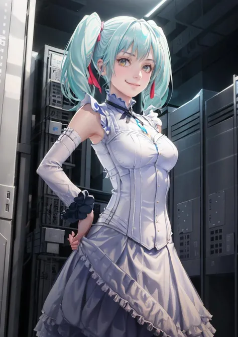 <lora:TabithaAW-10:0.7> TabithaAW, frills, sleeveless dress, skirt, twintails
beautiful, masterpiece, best quality, server room, dark, smirk, hands behind back, from below, looking at viewer