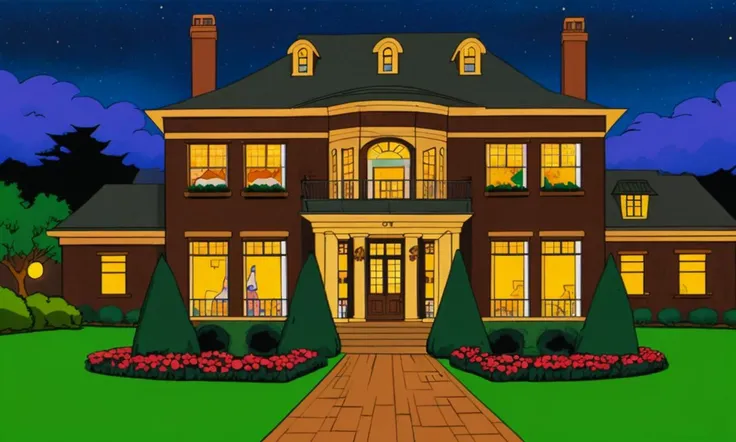 xmtas1997, cartoon, flat colors, best quality, masterpiece, trending on arstation, mansion, night, large brown manor, dark, school,