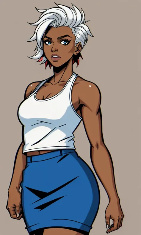 xmtas1997, cartoon, flat colors, 1girl, dark skin, short skirt, tank top, white hair, Mohawk, walking in new york, wide hips, large breasts, best quality, masterpiece, trending on arstation, blue eyes, African, toned, undercut, abs,
