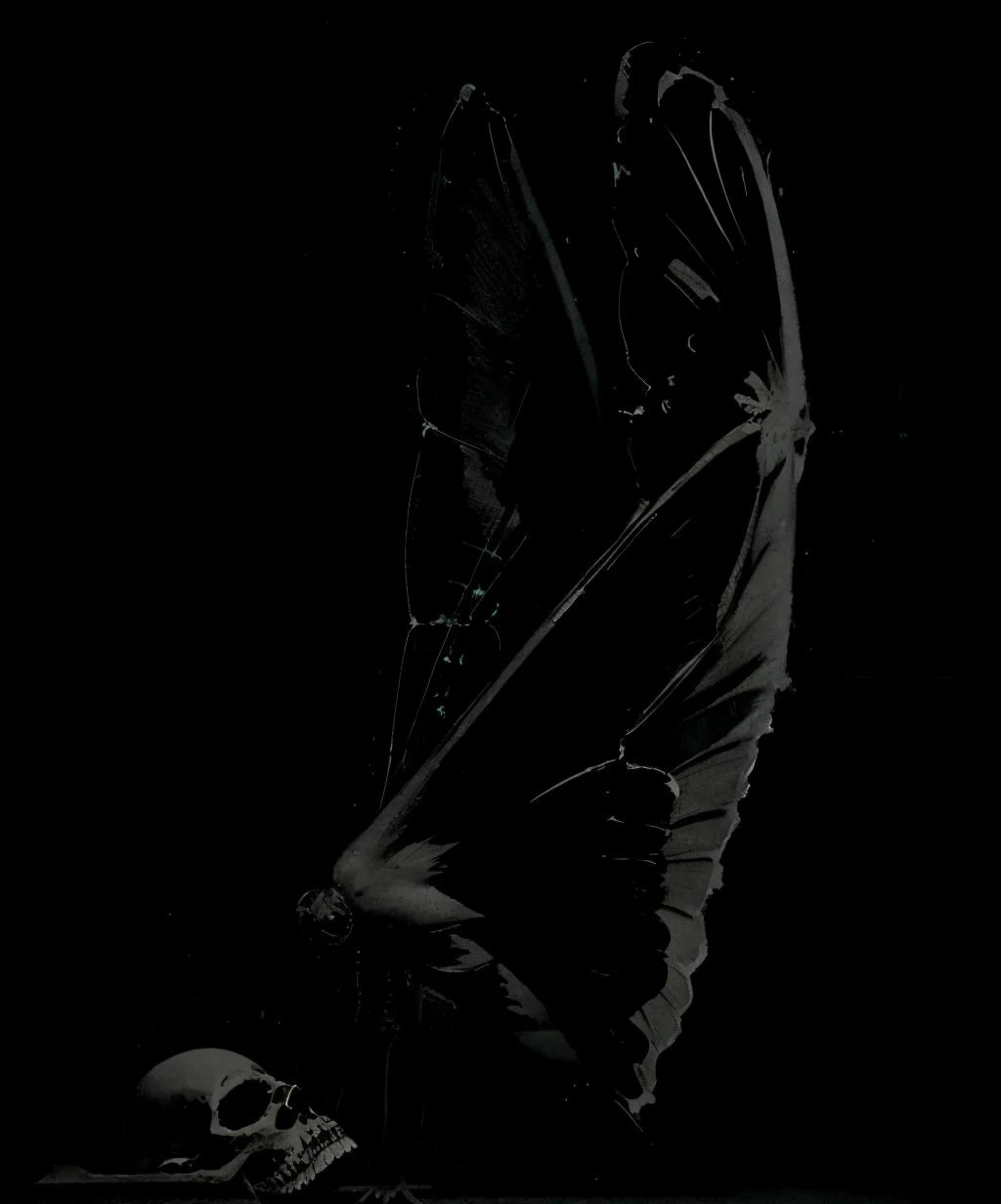 horror \(theme\), monochrome, greyscale, dark, solo, simple background, wings, no humans, black background, skull, <lora:morbid_darkness_v2-08:1>