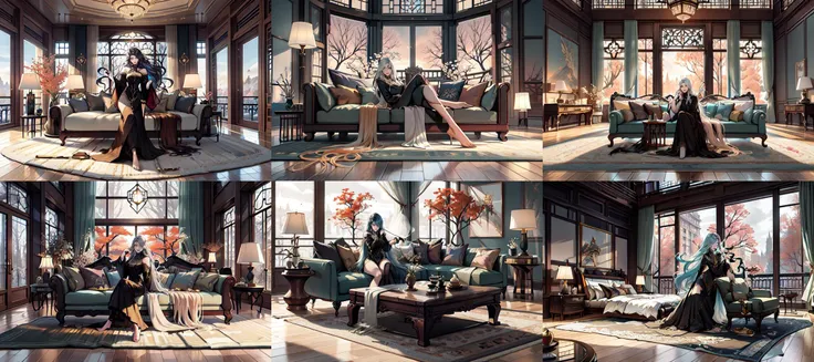 (otherworldly, otherworldly atmosphere, otherworldly appearance), highly insanely detailed, masterpiece, top quality, best quality, highres, 4k, 8k, RAW photo, (long_hair, long hair), collar, earrings, jewelry, 
(random colors cloth, random colors hair, random long hair, dynamic hair, glowing hair), 
long hair, eyelashes, eyeliner, makeup, hair over one eye, 
(dynamic pose), (dynamic weather), 
Northern Song Style, no humans, scenery, couch, tree, lamp, indoors, window, wooden floor, table, pillow, curtains, carpet, cushion, bed, book, rug, chair, day, <lora:Justin_Northern_Song_V100:0.6>, 
(smiling at viewer), (fantasy world)
