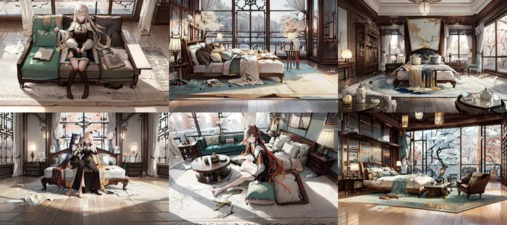 (otherworldly, otherworldly atmosphere, otherworldly appearance), highly insanely detailed, masterpiece, top quality, best quality, highres, 4k, 8k, RAW photo, (long_hair, long hair), collar, earrings, jewelry,
(random colors cloth, random colors hair, random long hair, dynamic hair, glowing hair),
long hair, eyelashes, eyeliner, makeup, hair over one eye,
(dynamic pose), (dynamic weather),
Northern Song Style, no humans, scenery, couch, tree, lamp, indoors, window, wooden floor, table, pillow, curtains, carpet, cushion, bed, book, rug, chair, day, <lora:Justin_Northern_Song_V100:0.6>,
(smiling at viewer), (fantasy world)