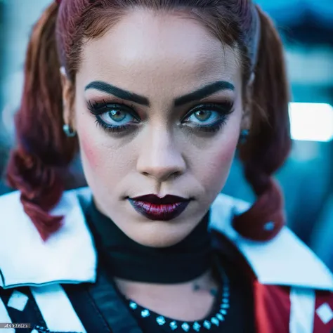 High res closeup portrait photo of an actress dressed as Harley Quinn, f /2.8, Canon, 85mm,cinematic, high quality, skin texture, looking at the camera, rixhnna,   <lora:rihanna_juggerX_xl_1_st_wocap-rixhnna-000085:1>