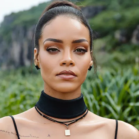 Skin texture, no makeup, Super high res closeup portrait photo of a stunning woman outdoors with straight hair, wearing a small string choker around her neck,f /2.8, Canon, 85mm,cinematic, high quality,looking at the viewer, rixhnna,   <lora:rihanna_juggerX_xl_1_st_wocap-rixhnna-000085:1>