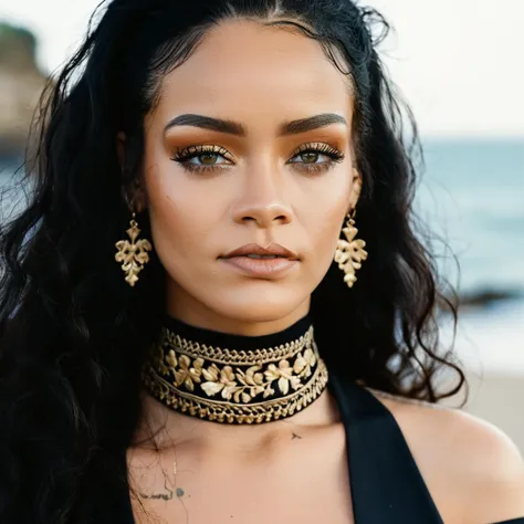 Skin texture, High res closeup portrait photo of a woman outdoors with wavy long hair, wearing a choker with golden embroidery,f /2.8, Canon, 85mm,cinematic, high quality,looking at the viewer,   rixhnna,   <lora:rihanna_juggerX_xl_1_st_wocap-rixhnna-000085:1>