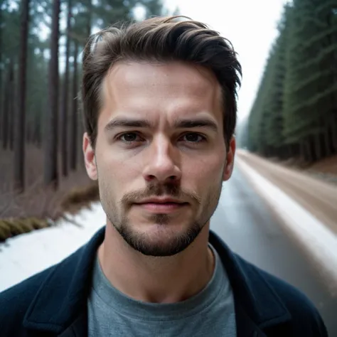 amateur cellphone flash photography (art by Mathias Goeritz:0.9) , photograph, handsome Over-the-hill man with Chinstrap Beard , Natural brown hair, winter , Morning , tilt shift, sharp focus, specular lighting, film grain, Samsung Galaxy, F/5, (cinematic still:1.2), symmetrical face . f8.0, samsung galaxy, noise, jpeg artefacts, poor lighting, low light, underexposed, high contrast