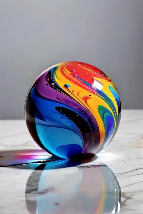 a brightly colored glass ball sitting on a marble surface, rainbow splash of ink, by hyacinthe rigaud, arcylic, e621, adobe, spiral, hyperrealistic picture, masterpiece image, colorul