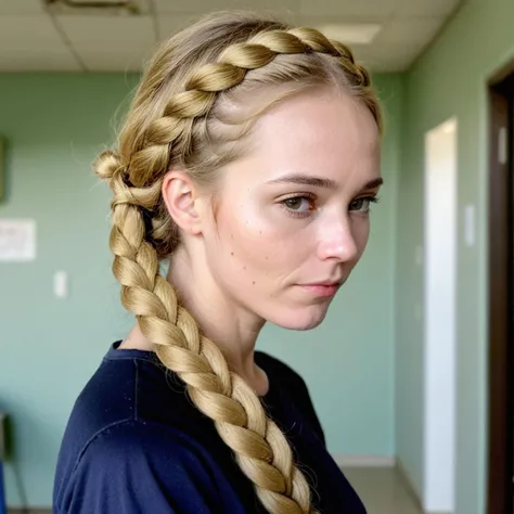 amateur cellphone photography cute Wisdom Years woman with Golden blond Rope braid hair at day care building . f8.0, samsung galaxy, noise, jpeg artefacts, poor lighting, low light, underexposed, high contrast