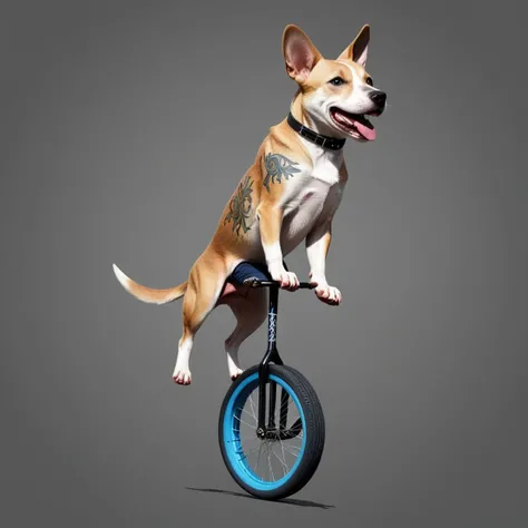 a tattoo design of a dog riding a unicycle