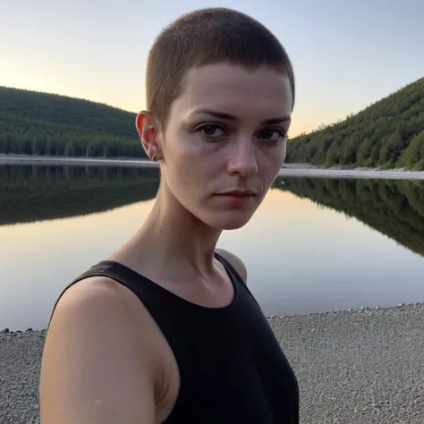 amateur cellphone photography Small-framed woman with Natural brown Buzz cut hair at hypersaline lake . f8.0, samsung galaxy, noise, jpeg artefacts, poor lighting, low light, underexposed, high contrast