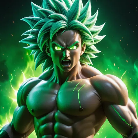 photograph of legendary super saiyan Broly with vibrant green hair, in rage mode. Features ultra-detailed eyes, color explosion, and highly refractive skin. super saiyan aura, illuminated by volumetric lighting. High definition, 8K resolution. green dōgi