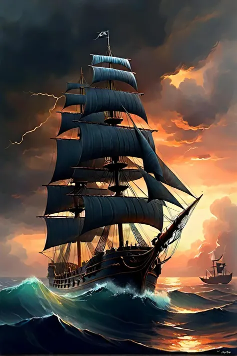 painting of a ship in the ocean with a sunset in the background, inspired by ivan aivazovsky, ship at sea, the flying dutchman, in style of aivazovsky, a ship lost in a storm, sailing ship, in style of ivan aivazovsky, on the sea, ships with sails, old pirate ship, dramatic artwork