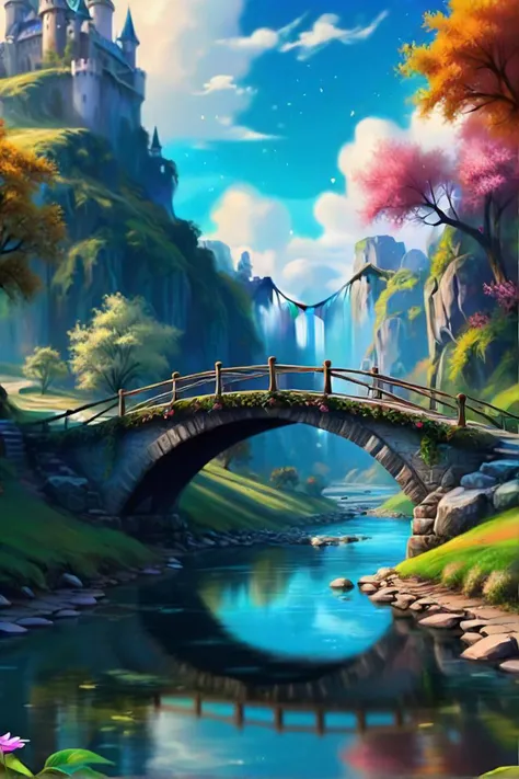 painting of a bridge over a river with a bridge in the middle, fairyland bridge, beautiful digital painting, beautiful art uhd 4 k, dream scenery art, beautiful oil matte painting, stunning digital painting, gorgeous digital painting, 4k hd matte digital painting, very beautiful digital art, beautiful serene landscape, beautiful digital artwork, serene landscape, scenery artwork