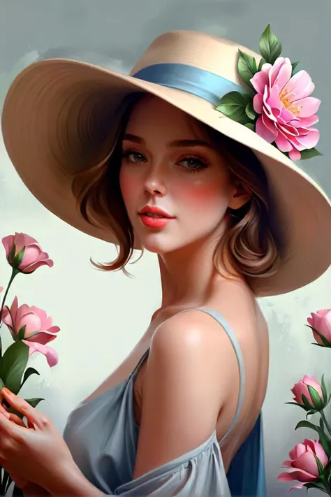 painting of a woman wearing a hat with flowers on it, gorgeous digital painting, beautiful digital painting, elegant digital painting, stunning digital painting, beautiful gorgeous digital art, exquisite digital art, high quality digital painting, inspiring digital painting, digital art oil painting, digital painting art, gorgeous digital art, beautiful digital art, 8k high quality detailed art, exquisite digital illustration