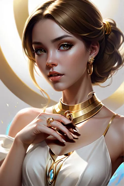 a woman in a white and gold dress with a gold ring around her neck, a digital painting inspired by artgerm, artstation contest winner, fantasy art, ig model | artgerm, artgerm. high detail, concept art | artgerm