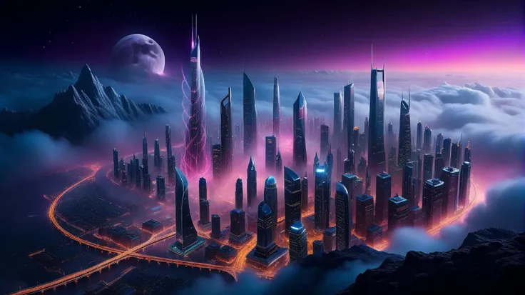 an extremely high-quality overview photo of a huge city landscape, (dark night:1.1), aurora borealis, stars across the sky above the clouds, mysterious night, crescent moon behind mountains with city skyline at the horizon, light refraction around moon, clouds, purple-orange foggy valleys, a cyberpunk sci-fi city with neon lights below the valley lighting up the fog, lots of (tall skyscrapers:1.2) with neon signs sticking out of the fog, roads, stars above clouds
