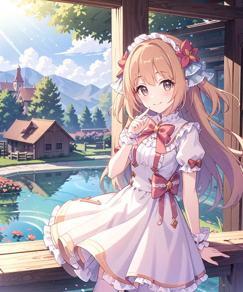 (incredibly_absurdres),(best quality),(highres),((ultra-detailed)),(an extremely delicate and beautiful girl),(solo:1.3),(sitting),(detailed anime face),[(bow),long hair,(big eyes),stars in the eyes,(fine_thighs),lower legs,smile,bangs,(blush),(a girl in[white dress,lolita_fashion:(white thighhighs):0.4]:1.2),(no shoes:1.2),frilled sleeves,puffy short sleeves,puffy sleeves:(delicate arms and hands):0.8],looking at viewer,[(detailed background),(detailed wooden house),village,(in a courtyard),water drop,(pond),(near by the pond),tree,flower request,mountains are in the distance,(beautiful detailed water):(floating pink petals:1.2),(fairy butterfly),(surround by beautiful butterfly:1.2),wind:0.5],(cinematic light)),(lens_flare),(refined rendering),(high saturation)
<lora:nozomi-000014:0.7> <lora:pcr-000012:0.5>