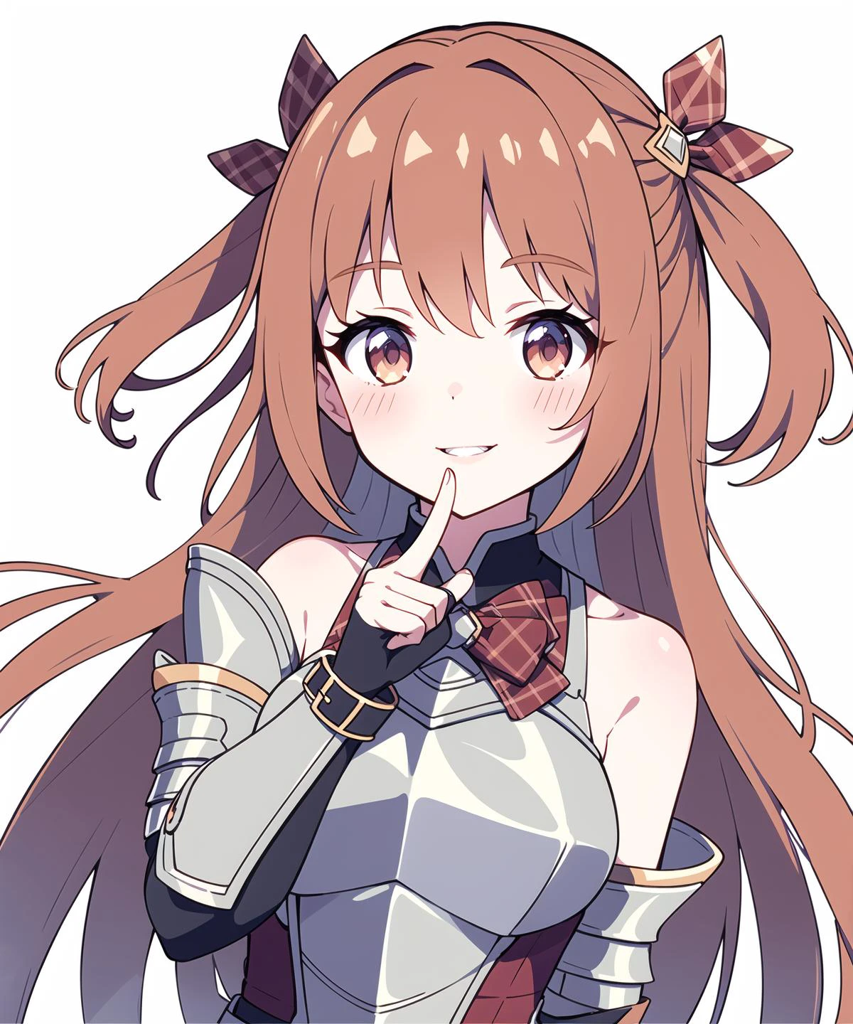 nozomi_default, 1girl, armor, fingerless gloves, long hair, looking at viewer, white background, arm behind back, plaid bow, smile, two side up, simple background, finger to mouth, hair ornament, breasts, red bow, frills, upper body, bare shoulders, parted lips, plaid bowtie, detached sleeves, skirt, ribbon, breastplate, armor, hand up
<lora:nozomi1-000014:0.7>