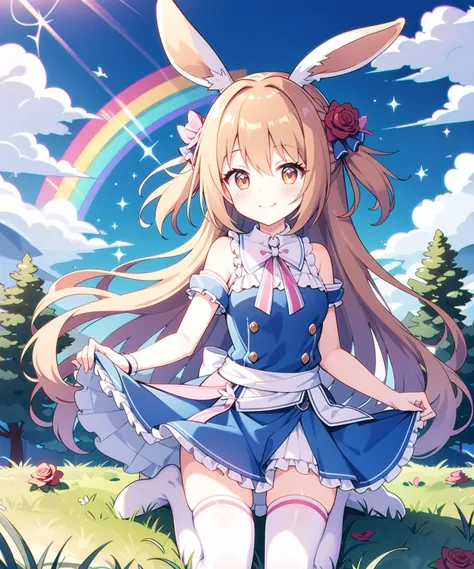nozomi,1girl, alice_\(alice_in_wonderland\),animal_ears, (wariza),long hair,clothes_lift, day, dress, fake_animal_ears, grass, looking_at_viewer, mountain, one_side_up, outdoors, rabbit_ears, rainbow, rose, smile, solo, sparkle, thighhighs, tree, white_legwear
<lora:nozomi-000014:0.7>