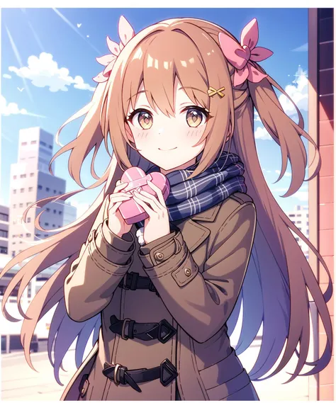 nozomi_routine,1girl, solo, heart-shaped box, long hair,pink scarf, smile, two side up, holding, hair ornament, looking at viewer, long sleeves, gift, valentine, holding gift, fringe trim, gift box, coat, upper body, heart, finger to mouth, yellow bow, hair ornament, brown coat , building, school, outdoors
<lora:nozomi-000014:0.7>